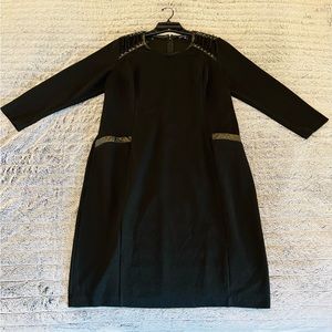 Eloquii | black midi dress with black faux leather detailing | 3/4 sleeves